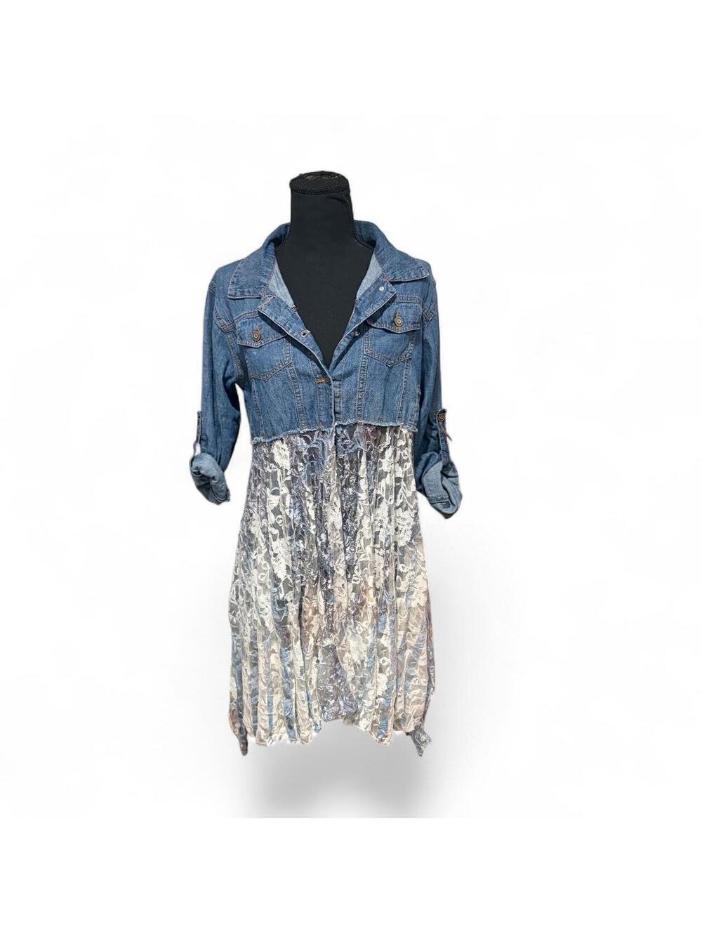 Origami Denim & Lace Long Flowy Mesh Floral Jacket S/M